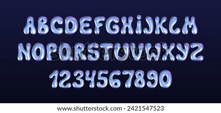 3d holographic liquid font in y2k style isolated on a dark background. Render of 3d neon inflated iridescent alphabet and numbers with rainbow effect. 3d vector y2k hologram set of letters