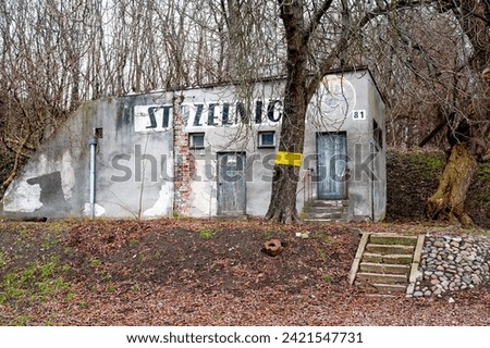 Abandoned military building - shooting range, inscription: "Shooting range" Royalty-Free Stock Photo #2421547731