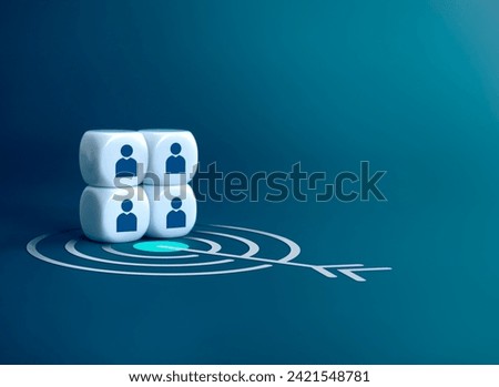 Stakeholder, business connection, partnership, HR, teamwork, and team building concept. Human icons as businessman on white blocks stack with target icon symbol on blue background with copy space.