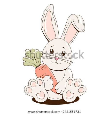 The cute cartoon bunny character in a flat style. A hand drawn vector illustration with a cute rabbit and carrot on a transparent background. Vintage sticker design.