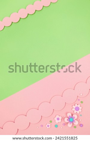 Trendy pastel green kawaii banner background design template with cute air plasticine handmade cartoon flowers decorative border. Top view, flat lay, copy space. Candycore, fairycore design template