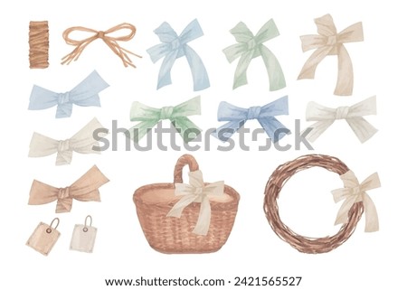 Watercolor illustration of natural stylish ribbon and basket