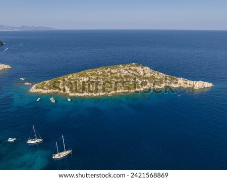 Aerial drone photo of Agios Nikolaos - a small port on the island of Zante. Vardiola of Agios Nikolaos on island in Greece, Zakynthos.