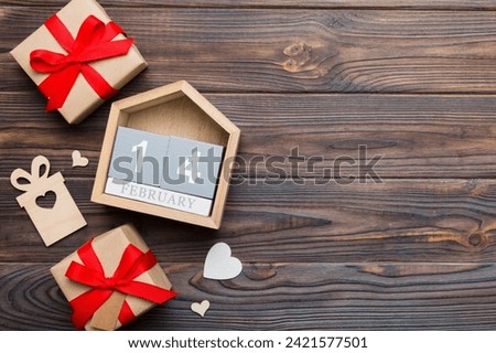 Valentine Day theme with wooden block calendar. Greeting card template for Valentines Day.copy space for text.