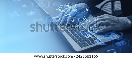 Man hands typing on laptop, virtual screen hud hologram with factory icons, machine learning and robot industry. Concept of smart control, innovation and technology