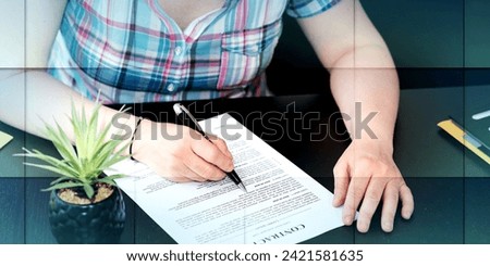 Young female lawyer checking contract, geometric pattern