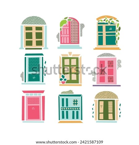 Collection of decorative clip arts with doors. Vector hand drawn illustration. Cartoon style.