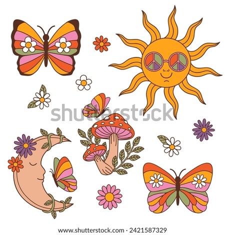 set of isolated retro sun, moon, butterfly, mushroom, 