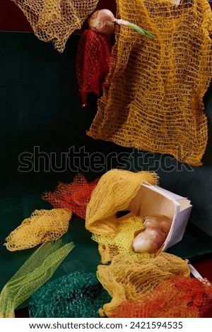 Still life with sprouted onion, hanging net of onions, and blue pitcher on tiled counter.