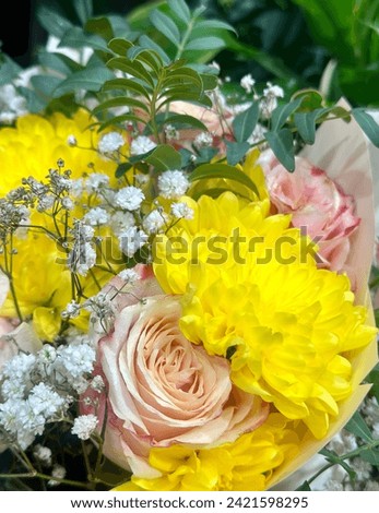 Stock of Natural artificial mixed colors yellow flower  dark pink  color beautiful Roses floral view love symbols valentines special  bouquet with green leafy background