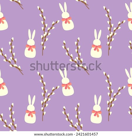 Pattern of white Bunny and willow branches on soft purple background, Easter design.