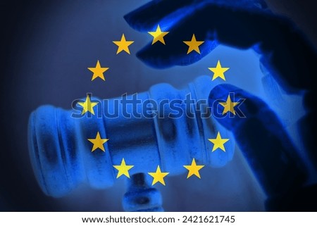 AI act regulation symbol in Europe. Concept words AI artificial intelligence act regulation on wooden block. Beautiful blue background. Business AI act regulation concept . Royalty-Free Stock Photo #2421621745