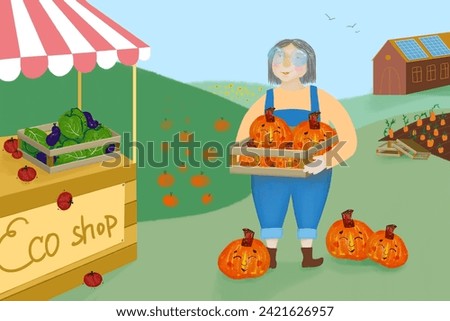 A concept of local market. A female farmer grew her eco vegetables such as pumpkins, carrots, tomatoes, cabbages, and eggplants. She stands in the garden amid a landscape and a barn with solar panels.