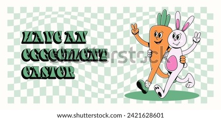 Groovy hippie Happy Easter banner, background, poster. Easter rabbit with carrot, greeting text. Vector illustration of cartoon character and typography in trendy retro 60s 70s style.