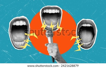 Contemporary art collage depicting a hand with a microphone and women's mouths screaming into the microphone. Advertising and propaganda concept.