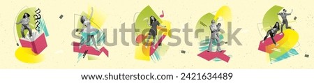 Panorama collage of young girl reading book and dancing listen notes music when old cool grandfather hold disco ball over green background