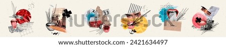 Surreal abstract collage panorama of stick tongue out fireplace at trip with retro car explore new cities isolated on beige background