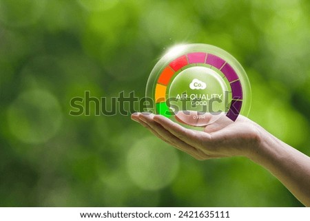 Good air quality and clean outdoor air quality Safe from pollution, PM 2.5 dust, pure natural atmosphere concept. hand with air bubbles, prevention of pollution, dust, bad air Royalty-Free Stock Photo #2421635111