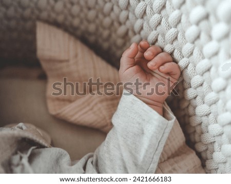 Hand of a newborn baby close-up, concept of happy motherhood.