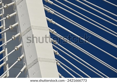 Guys and ropes against the blue sky, close-up. Engineering constructions of the cable-stayed bridge Royalty-Free Stock Photo #2421666773