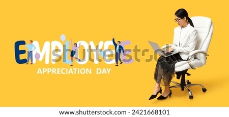 Festive banner for Employee Appreciation Day with Asian businesswoman using laptop Royalty-Free Stock Photo #2421668101
