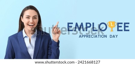 Festive banner for Employee Appreciation Day with young businesswoman Royalty-Free Stock Photo #2421668127
