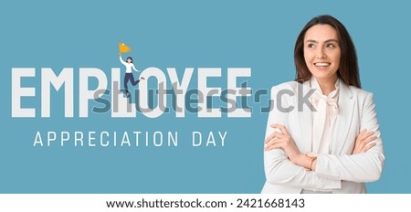 Festive banner for Employee Appreciation Day with young businesswoman Royalty-Free Stock Photo #2421668143