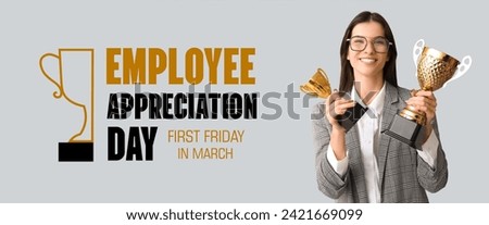 Festive banner for Employee Appreciation Day with young businesswoman holding gold cups Royalty-Free Stock Photo #2421669099