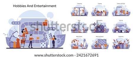 Hobbies set. Everyday leisure activities and passions showcased in vibrant illustrations. From cooking to gaming, each scene vibrates with dynamic energy and engaging pastimes. Vector illustration