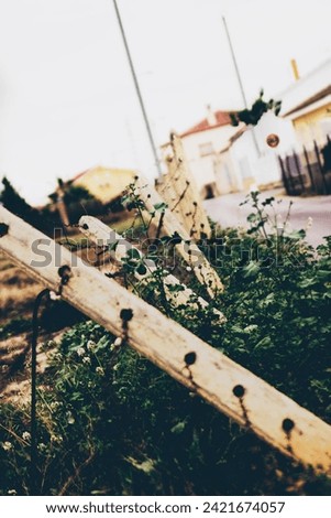 "Broken fence, overgrown weeds, houses in background, gloomy atmosphere."