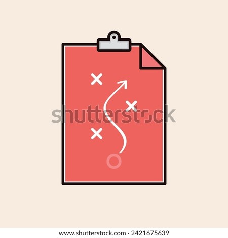Folded document icon with strategic arrows concept inside and metallic clip on top. Iconic red flat white color illustration vector line art.