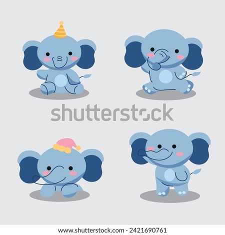 flat blue cute elephant cartoon set design three
