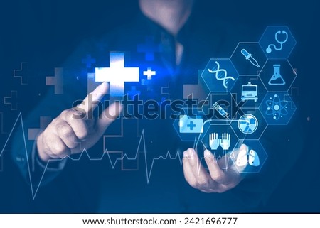 Doctor work with tablet computer,digital healthcare technology,system analysis network connection hologram virtual screen interface,online medical examination analysis report,Laboratory room test 