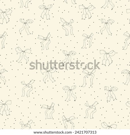 Coquette cream bows on a cream and black polka dot background pattern. Cute seamless vector pattern with lovely cream bows and black border in a loose style.Feminine pattern with neutral tones.