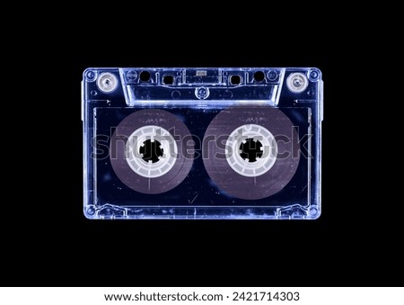 Cassette tape on black background. Isolated transparent mockup. Clean cover box template.