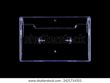 Cassette tape case on black background. Isolated transparent mockup. Clean cover box template. Royalty-Free Stock Photo #2421714351