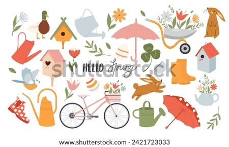 Big set with Spring season symbols and objects, cute hand drawn design. Isolated vector illustrations in flat style