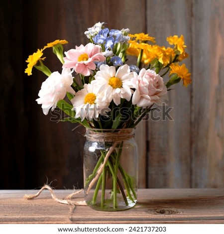 A playful bouquet of pastel-colored carnations, daisies, and freesias, arranged in a mason jar wrapped in twine., wildlife photography, photo, portrait photography