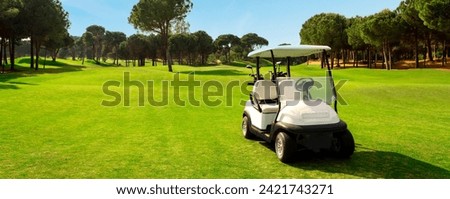 Golf cart in fairway of golf course with green grass field with blue sky and trees
