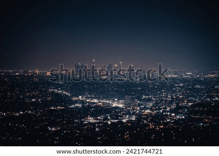Skyline of Los Angeles at night, view from Griffith Observatory, landscape format