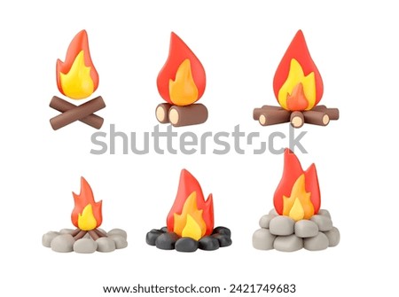 Set of burning bonfire or campfire laid cobblestones and firewood with fire or flame. 3d realistic design element plasticine texture. Camping, picnic, tourism concept. Vector illustrations isolated Royalty-Free Stock Photo #2421749683