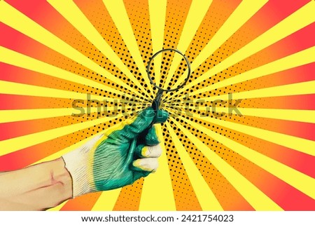 Retro pop art poster, a hand in a construction glove holds a magnifying glass. Cartoon flat style. In yellow and orange