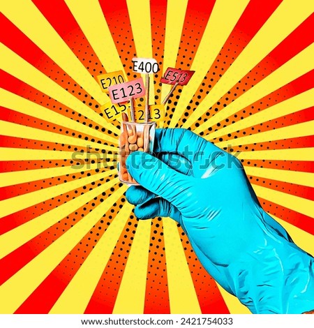 Retro pop art style poster, a hand in a medical glove holds the names of E supplements. Cartoon flat style. In yellow and orange