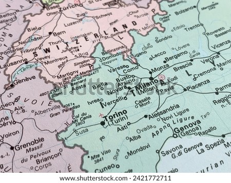Map of Turin and Milan, Italy, world tourism, travel destination, world trade and economy