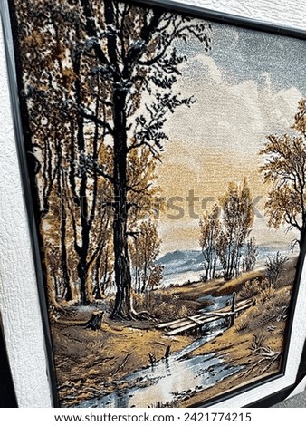The image is a painting of a window with trees outside, creating a scenic outdoor view. The artwork captures a serene landscape with trees visible through the window.