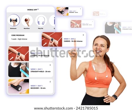 Sporty woman in sportswear choosing fitness workout in mobile app. Virtual screen infographics and female sporty person.