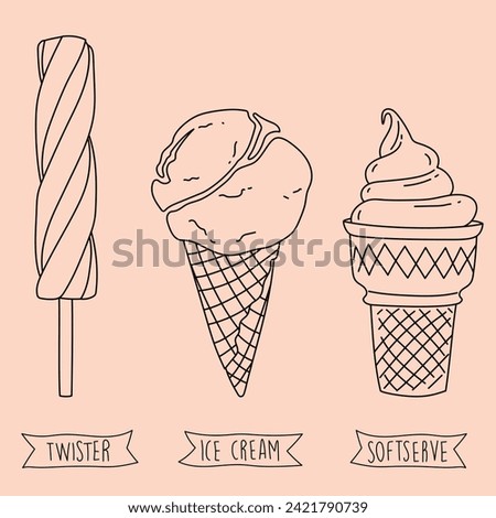 Set ice cream in a cone ice cream on a stick. linear isolated summer dessert illustration for menu