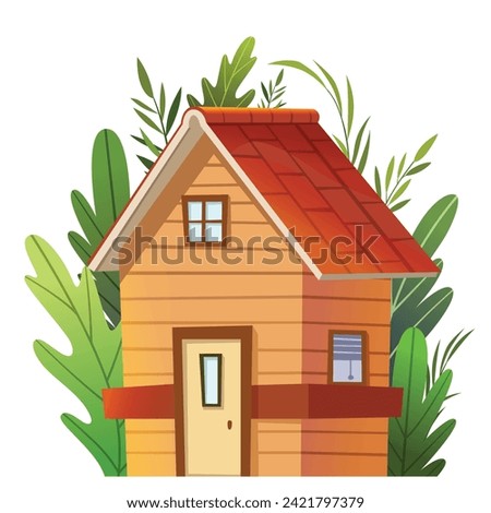 Tiny rural wooden house facade with green garden on the background. Cute vector clip art illustration of a suburban cottage and green flora