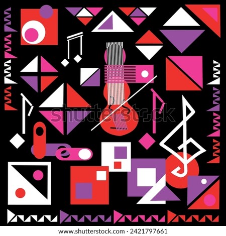 Abstract, modern music poster assembled from colorful geometric shapes. Vector wallpaper, background or print with treble clef, music notes and violin.