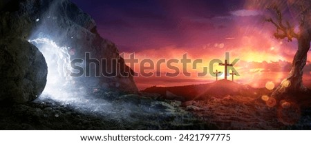 Resurrection - Crosses On Hill And Empty Tomb With Bright Light At Sunset - Abstract Glittering In The Cave And Abstract Flare Effects In The Sky Royalty-Free Stock Photo #2421797775